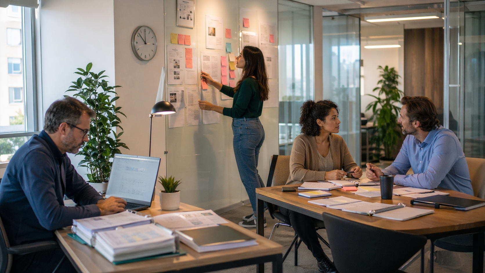Réunion de travail entre élus du CSE dans un bureau pour distinguer les temps de réunion, de délégation et les temps non déductibles